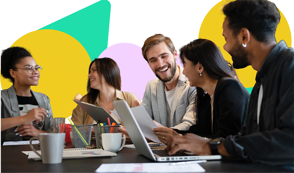 A multiethnic group sits discussing a topic with geometric shapes in the background