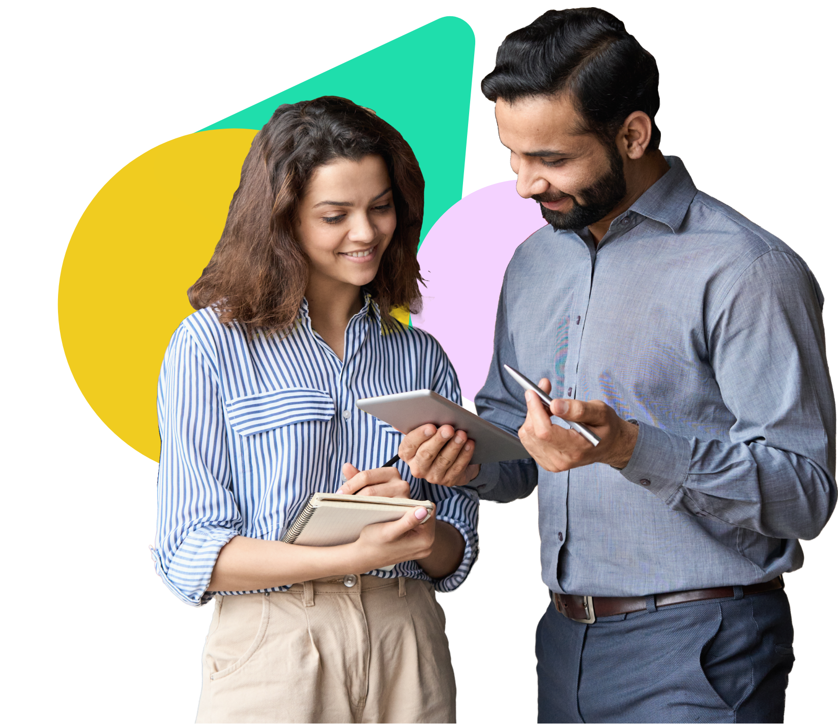 A young woman and a middle-aged man discuss something on a tablet