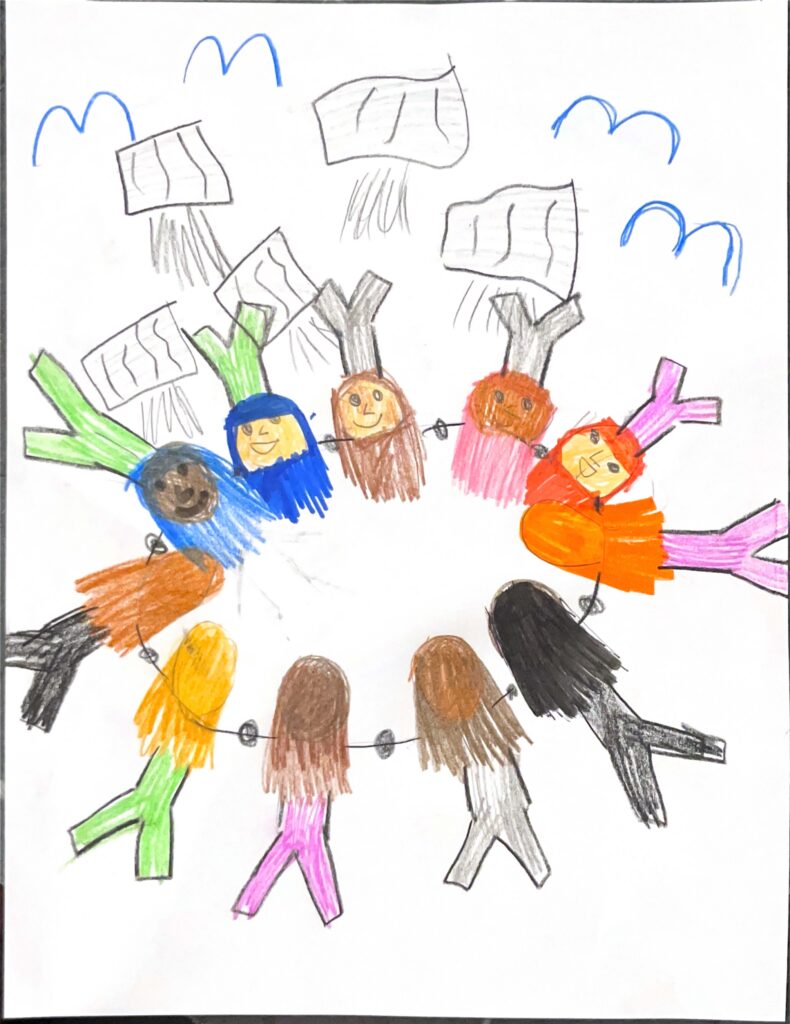 A birds-eye view showing a circle of people with white and brown skin and long colorful hair holding hands. Birds and papers fly around them. Credit: Ella Marotta Hall, age 7